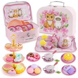 Jogo de Chá Infantil 50 Peças com Tema de Gato e Maleta de Transporte para Crianças Acima de 3 Anos, Fudragtn, Rosa