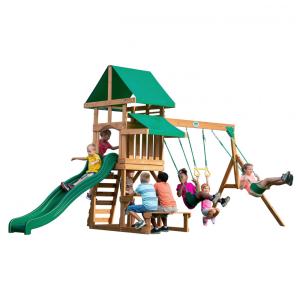 Playground Infantil de Madeira com Mesa de Pequinique, Escorregador, 2 Balanços e Barra de Acrobacia, Backyard Discovery