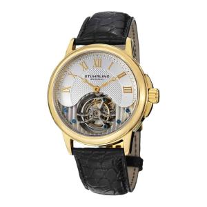 Relgio de Luxo Aureate Tourbillon 541 Corda Manual 42mm com Mostrador Prateado e Fivela de Implantao de Pulseira de Crocodilo Stuhrling