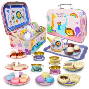 Jogo de Chá Infantil em Lata 39 Peças com Maleta de Transporte para Crianças Acima de 3 Anos, Hummigoo, Colorido