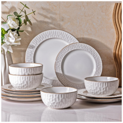 Jogo de Louça em Cerâmica GBHOME, 12 peças com Design Elegante em Alto-relevo, Conjunto de Pratos e Tigelas em Stoneware