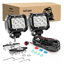 Farol de Milha LED Off Road Luz Branca 6000K com Suporte de Fiação, 12V 24V, 18W, 2Un, Nilight, Preto