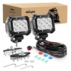 Farol de Milha LED Off Road Luz Branca 6000K com Suporte de Fiação, 12V 24V, 18W, 2Un, Nilight, Preto