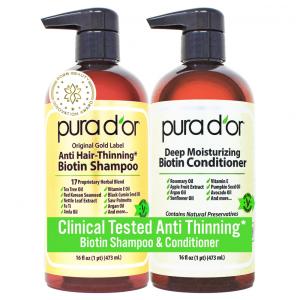 Shampoo e Condicionador 473 ml Natural com Biotina para Cabelos Finos, PURA DOR 641, Marrom