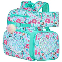 Mochila Escolar Infantil 40cm FTJCF Sereia 3 Peças com Lancheira, Verde