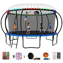 Cama Elastica Capacidade até 635 kg com Cesta de Basquete, Pólos Curvos e Luz LED, Elitezip, Azul