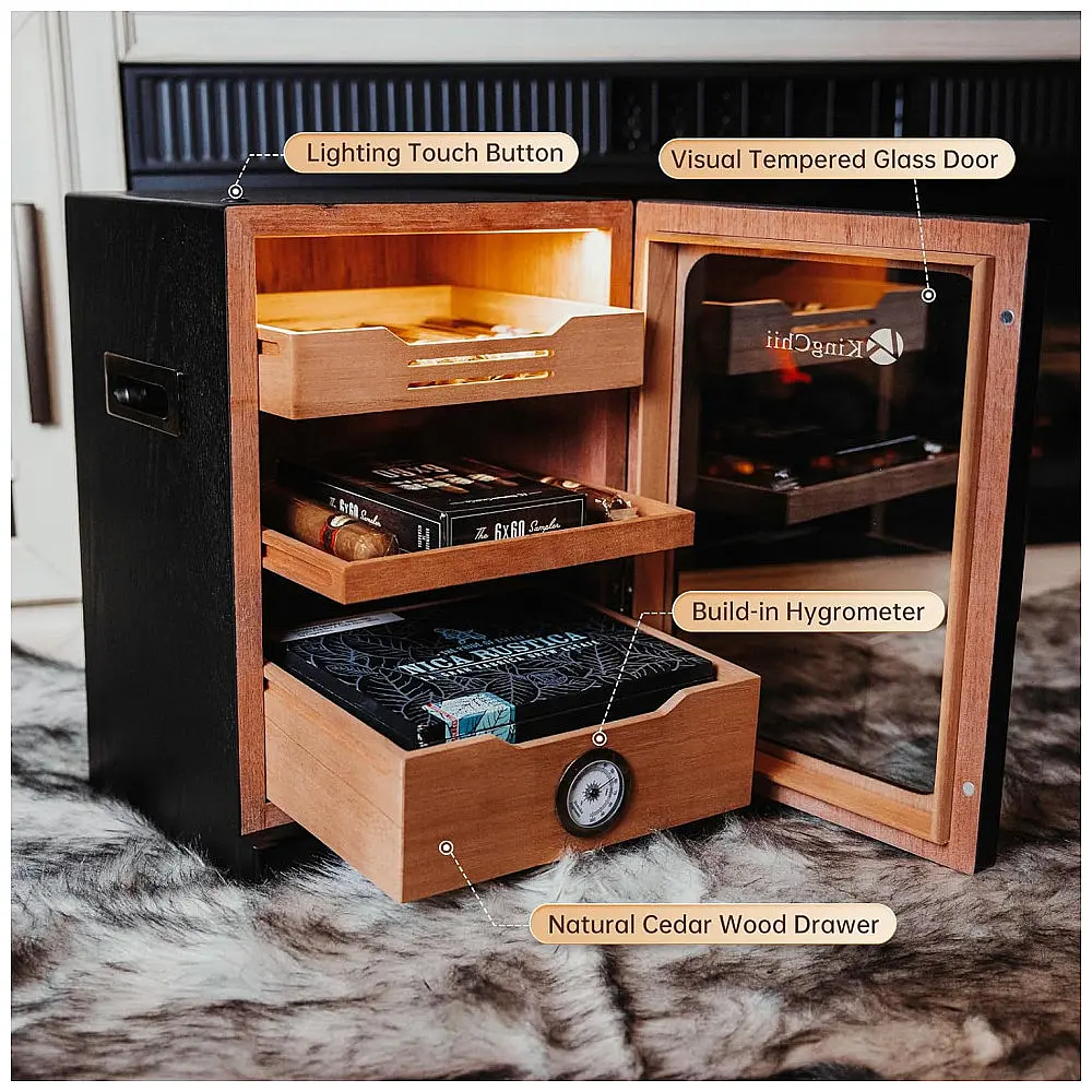 Humidor KingChii Preto com LED Sistema 3 Cores e Gaveta Cedro Espanhol 100 Charutos — foto 2