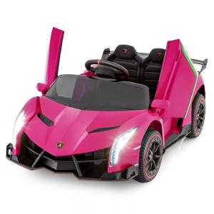 Carro Elétrico Infantil Licenciado 2 Lugares Lamborghini Veneno OLAKIDS Rosa 12V 4WD Suspensão Controle Remoto Música USB MP3