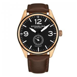 Relógio Aviador Stuhrling 42mm, Mostrador Preto e Rosa, Pulseira Couro Marrom, Estilo Clássico