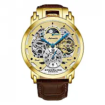 Relógio Automático Stuhrling Menai 906, Mostrador Dourado 47mm, Pulseira Couro Marrom com Fivela Dourada