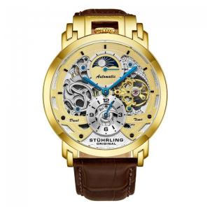 Relógio Automático Stuhrling Menai 906, Mostrador Dourado 47mm, Pulseira Couro Marrom com Fivela Dourada