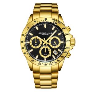 Relgio Stuhrling ltima 3960 Crongrafo 42mm Mostrador Preto Ouro Pulseira Ao Inoxidvel Dourada