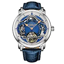 Relógio Celestial Timekeeper 1017 Dual Time Automático 44mm - Mostrador e Pulseira Azul, Moldura Prateada - Stuhrling