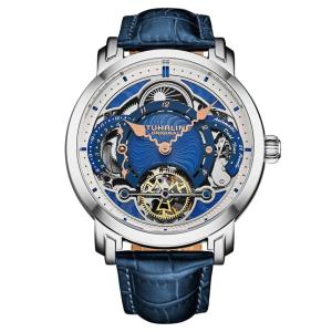 Relógio Celestial Timekeeper 1017 Dual Time Automático 44mm - Mostrador e Pulseira Azul, Moldura Prateada - Stuhrling
