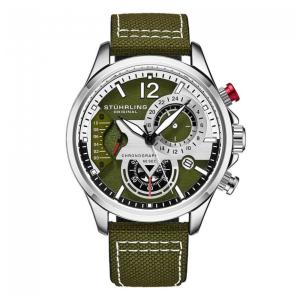 Relógio Stuhrling Aviador 45mm Verde/Prata com Pulseira de Couro Verde e Fivela Prateada