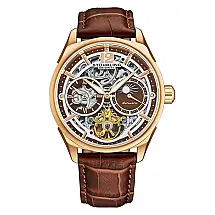 Relógio Vanguard 1019 Automático Dual Time 42mm, Mostrador e Alça Marrom, Moldura Dourada - Stuhrling.