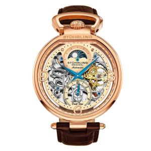 Relgio Automtico Modena 889 - Mostrador Bege e Rosa - Pulseira de Couro Marrom - Fivela de Ouro - Stuhrling