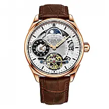Relógio Stuhrling Presidia 943A Automático 42mm, Mostrador Prateado com Detalhes Rosé, Pulseira Couro Marrom com Fivela Rosé