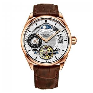 Relógio Stuhrling Presidia 943A Automático 42mm, Mostrador Prateado com Detalhes Rosé, Pulseira Couro Marrom com Fivela Rosé