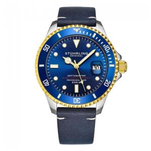 Relógio Automático Stuhrling Depthmaster 42mm, Mostrador Azul, Pulseira de Couro à Prova d'Água