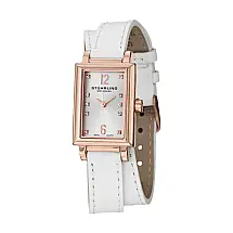 Ala dupla de couro genuno em tom rosa e branco. Mostrador em tom prateado. com detalhes em tom rosa e cristal