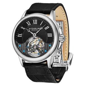 Relogio de pulso Aureate Tourbillon 541L de 42 mm, corda manual, mostrador preto e prata, pulseira de couro preto com fivela de implantacao