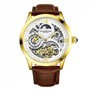 Relógio Automático Stuhrling Reserva Especial 3921, Mostrador Branco, Pulseira Couro Marrom, Fivela Dourada