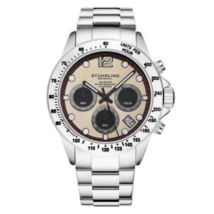 Relgio Stuhrling ltima 3961 42mm, Mostrador Bege e Prata, Pulseira de Aço Inoxidvel com Fivela de Implantao
