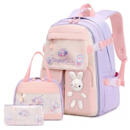 Mochila escolar infantil FIXITOK coelho kawaii 3 peças, com lancheira térmica e estojo, nylon impermeável, roxa e rosa