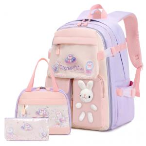 Mochila escolar infantil FIXITOK coelho kawaii 3 peças, com lancheira térmica e estojo, nylon impermeável, roxa e rosa