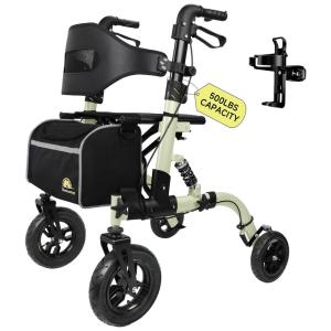 Andador Dobrável para Idosos com Assento e Rodas de Borracha, Suporta 226 kg, SilveLemon, Dourado