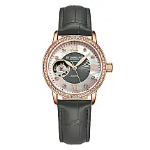 Relgio Stuhrling Legacy 3952 Automtico 34mm, Mostrador Prateado com Detalhes em Rosa, Pulseira de Couro Cinza e Fivela Tang em Metal.