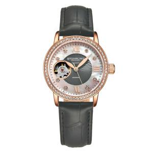 Relgio Stuhrling Legacy 3952 Automtico 34mm, Mostrador Prateado com Detalhes em Rosa, Pulseira de Couro Cinza e Fivela Tang em Metal.
