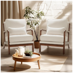 Cadeiras decorativas FLEXISPOT AC1 kit com 2 poltronas em veludo cotelê branco, estrutura em madeira maciça, estilo mid‑century para sala