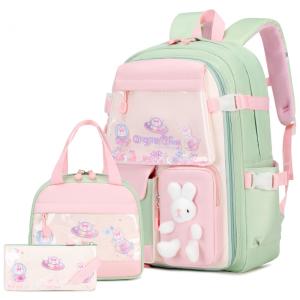 Mochila escolar infantil FIXITOK coelho kawaii 3 peças, com lancheira térmica e estojo, nylon impermeável, verde e rosa