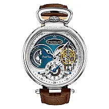 Relgio Automtico Modena Dual Time 4033, mostrador azul, rosa, pulseira de couro preto, fivela em ouro Stuhrling 46mm