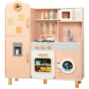 Cozinha Infantil em Madeira com Pia, Torneira, Forno e Micro-Ondas Realistas para Crianças Acima de 3 Anos, Bruvoalon, Rosa
