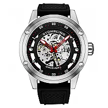 Relógio Automático Stuhrling 4034, Caixa 50mm, Mostrador Preto, Pulseira Borracha Preta e Fivela Prata