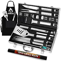 Kit Churrasco na Grelha 31 Peças de Aço Inoxidável e Termômetro com Estojo de zenamento, ROMANTICIST, Prateado