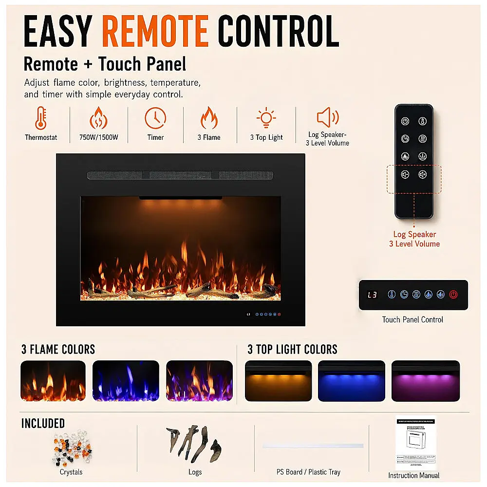 Lareira Elétrica de Embutir A53x90L cm com Temporizador, Controle Remoto, Som de Fogo, Toras e Cristais Incluso, 110V 1500W, RODALFLAME — foto 3