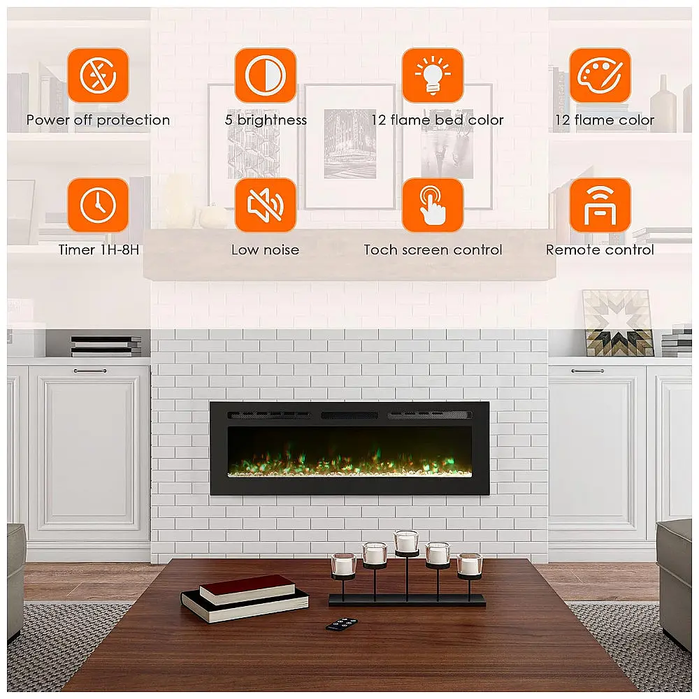 Lareira Elétrica de Embutir A54x127L com Controle Remoto e Luz de LED, 1500W, 110v, PAOLFOX Electric Fireplace, Preto — foto 2