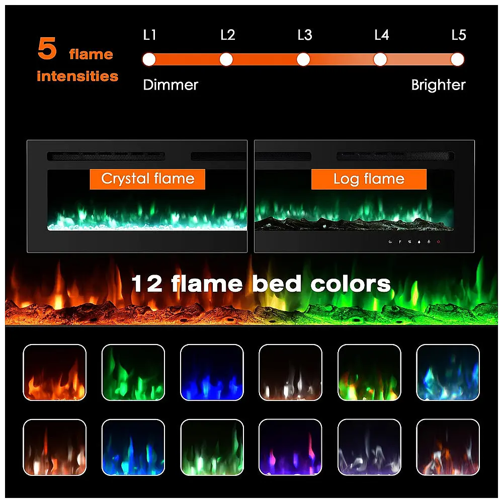 Lareira Elétrica de Embutir A54x127L com Controle Remoto e Luz de LED, 1500W, 110v, PAOLFOX Electric Fireplace, Preto — foto 3