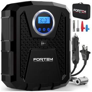 Compressor de Ar com Fio Portátil 150 PSI Recarregável com Tela LED e Desligamento Automático, 110V, FORTEM, Preto