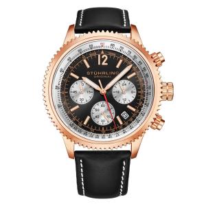 Relógio Cronógrafo Stuhrling Macaco 4015 44mm com Pulseira de Couro Preta e Mostrador Preto com Detalhes Rosé