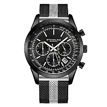 Relógio Cronógrafo Stuhrling Rialto 44mm Mostrador Preto Pulseira Liga de Prata Fivela Preta Elegante