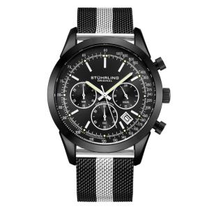 Relógio Cronógrafo Stuhrling Rialto 44mm Mostrador Preto Pulseira Liga de Prata Fivela Preta Elegante