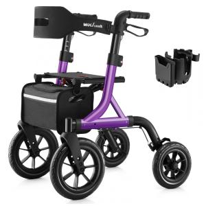 Andador Dobrável para Idosos com Assento, Ajuste de Altura e Rodas Grandes, MAXWALK, Roxo