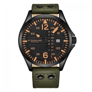 Relógio Aviador Stuhrling Aeronaut 43mm Mostrador Preto Pulseira Couro Fivela Tradicional