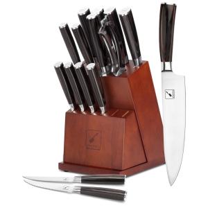 Conjunto de Facas em Aço Inoxidável com Afiador Embutido e Bloco de Bancada 16 Peças, IMARKU, Marrom