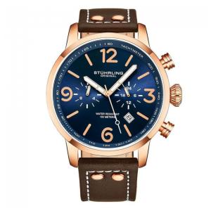 Relógio Masculino Stuhrling Aviador 45mm Azul/Rosa, Pulseira Couro Marrom com Fivela Ouro Rosa